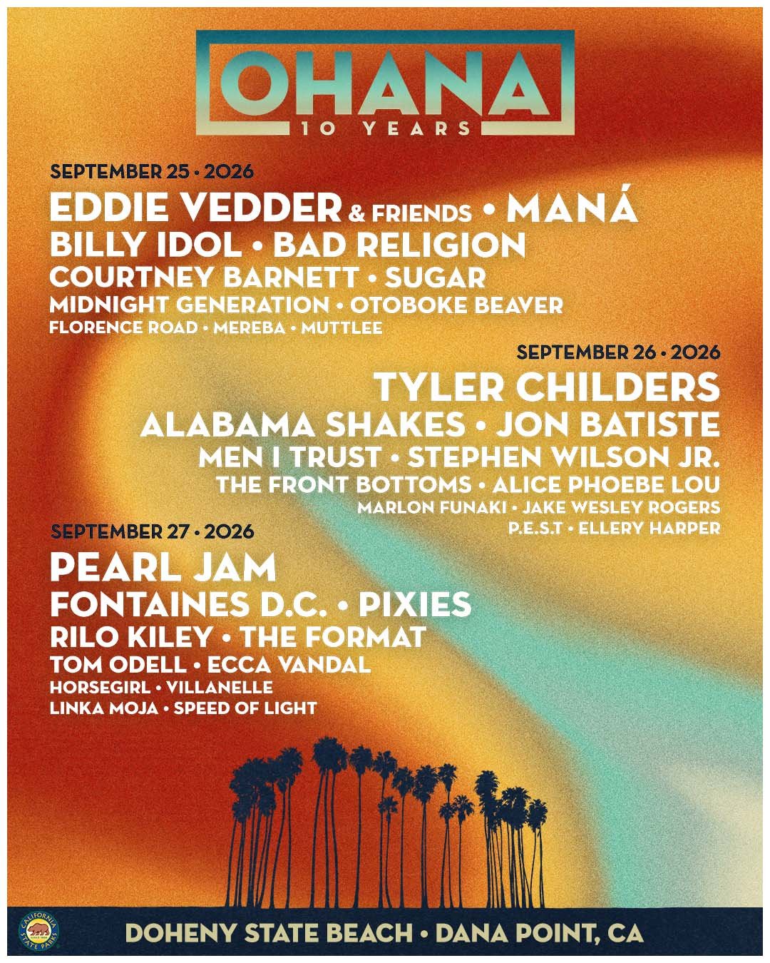 Official Ohana Festival 2026 lineup poster for September 25 through 27 at Doheny State Beach