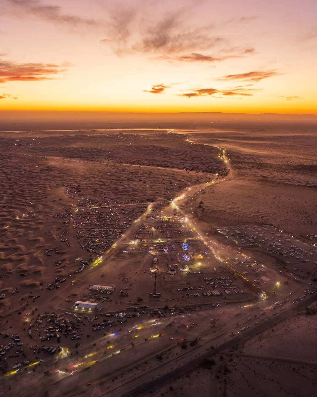 Aerial view of the Glamis gathering at sunset in 2025
