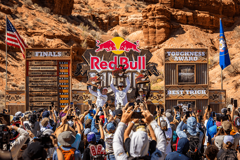 Hannah Bergemann, Robin Goomes and Kirsten Van Horne on the women's Red Bull Rampage 2026 podium