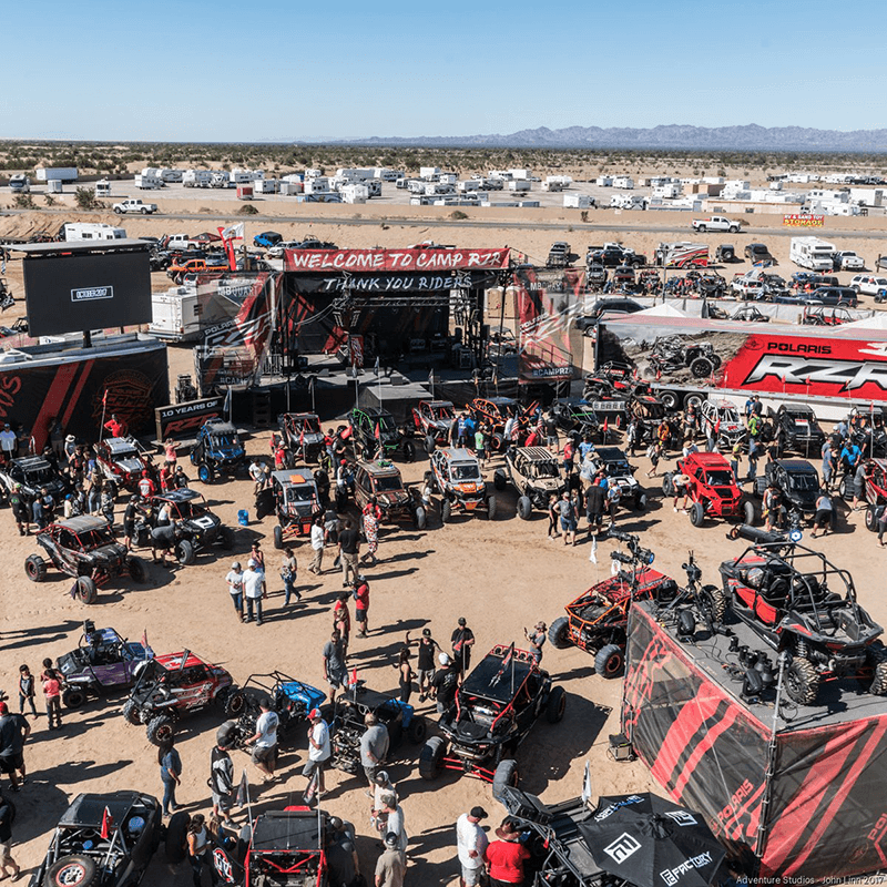 Aerial view of Camp RZR vendor displays and crowds